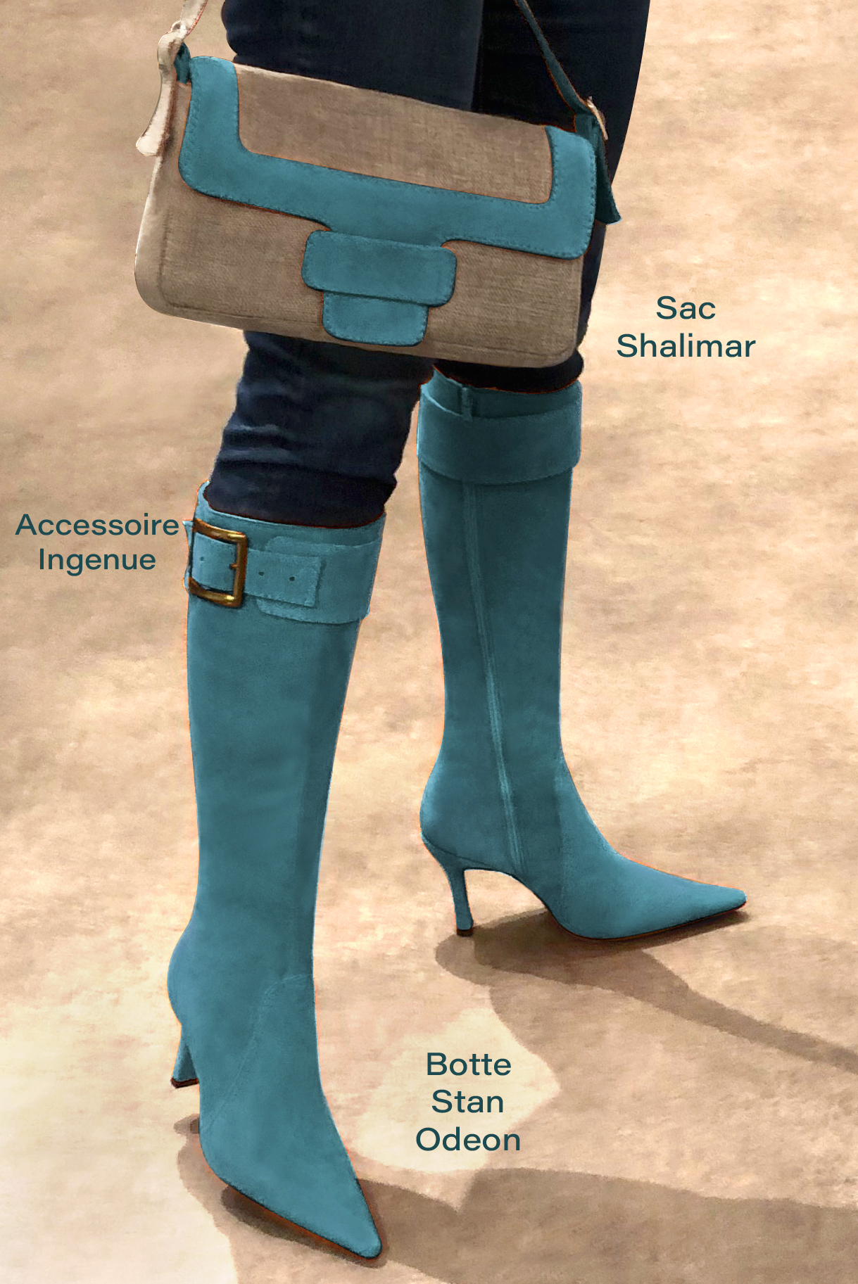Peacock blue women's feminine knee-high boots. Pointed toe. Very high spool heels. Made to measure. Worn view - Florence KOOIJMAN